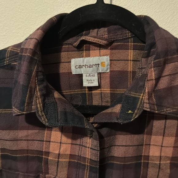 Carhartt Brown Women’s Plaid Button Up Size Small(4/6) Front Pockets EUC Cotton - Picture 2 of 13